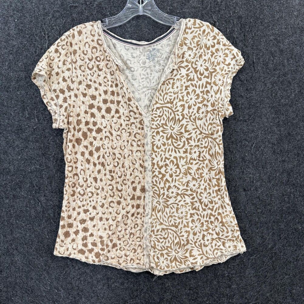 Pilcro T-Shirt Women's Small Beige Floral Leopard Print V-Neck Short Sleeve